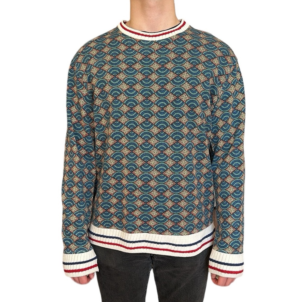 Zara Men's Blue Red Geometric Print Striped Cuffs Cotton Terry Sweater